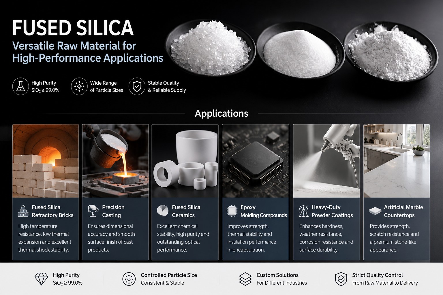 Fused silica applications overview — refractory bricks, precision casting, technical ceramics, epoxy molding compounds, heavy-duty powder coatings and artificial marble countertops